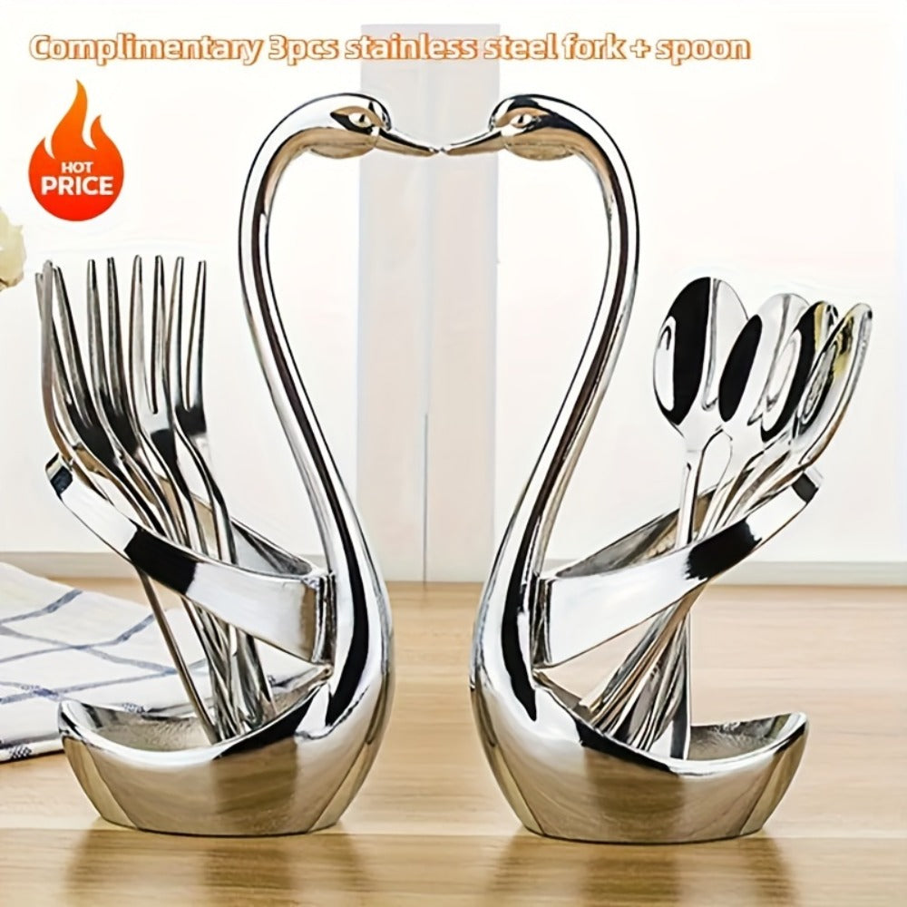 Swan Cutlery Rack Set 7pcs Stainless Steel Decorative Silverware Holder with 3 Forks & 3 Spoons - Elegant Swan Shaped Flatware Stand for Table Decor, Holiday Dining, Christmas Halloween Thanksgiving Gift