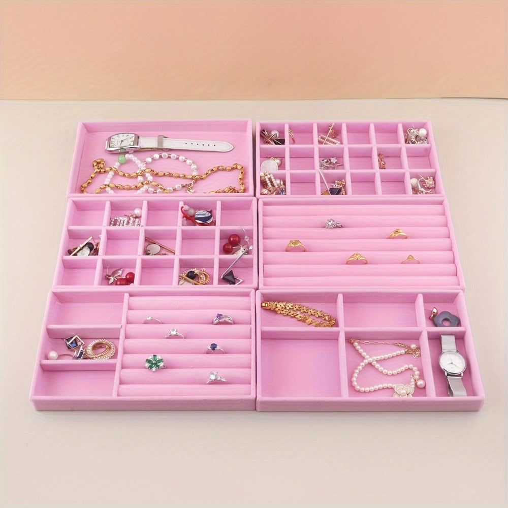 Stackable Jewelry Organizer Trays 6-Piece Set ¨C Rectangular Multi-Compartment Drawer Inserts with Removable Dividers for Earrings, Rings, Necklaces & Bracelets ¨C Tabletop Jewelry Display Case Storage