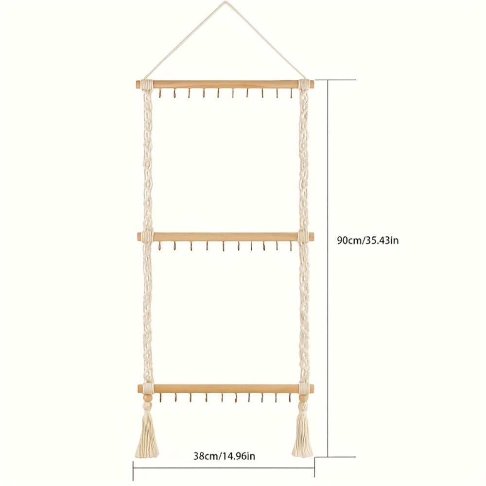 Boho Jewelry Organizer Wall Mount Hanging Rack Hand Woven Tassel Necklace Earring Bracelet Holder 30 Hooks Bedroom Decor Display Stand