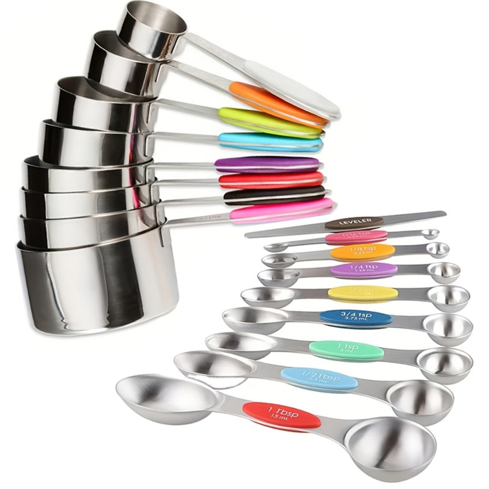 Measuring Cups and Spoons Set Stainless Steel, 8 or 17-Piece Stackable Baking Measuring Cup Set with Soft Handle for Wet and Dry Ingredients, Kitchen Baking Accessories, Black or Colorful