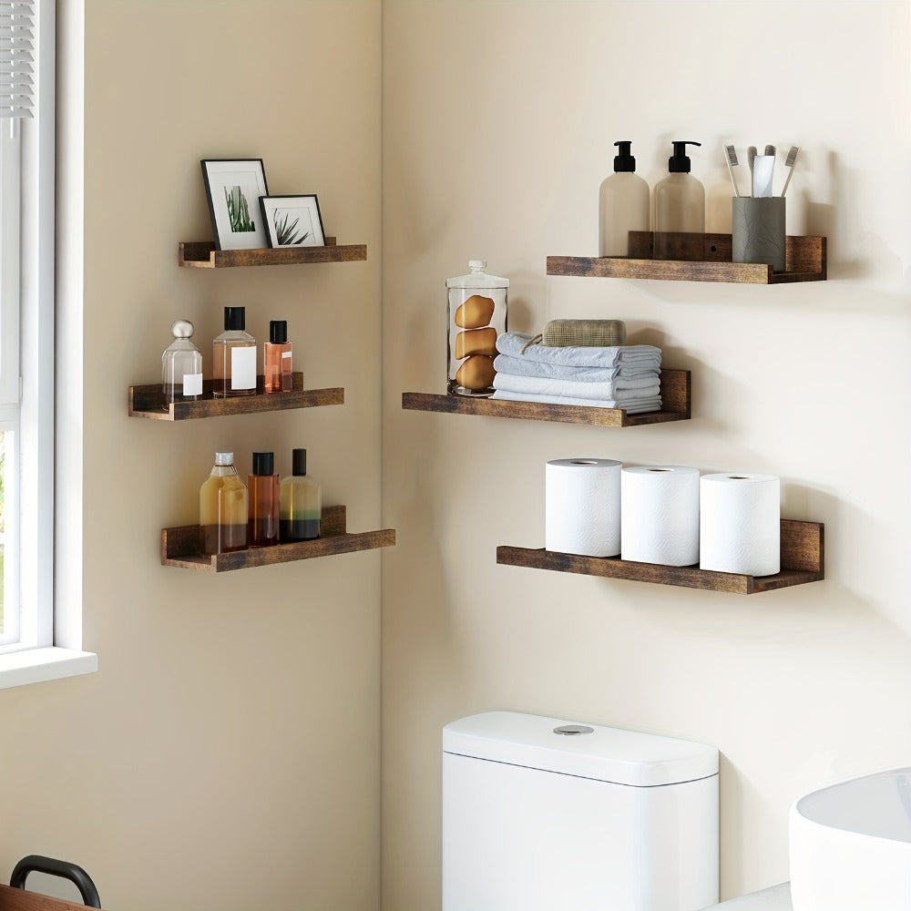 Floating Shelves 6pcs Set Wall Mounted Shelves 6 Different Sizes | Heavy Duty Shelf for Home Decor Bathroom Bedroom Living Room Space Saving Storage White Brown Black
