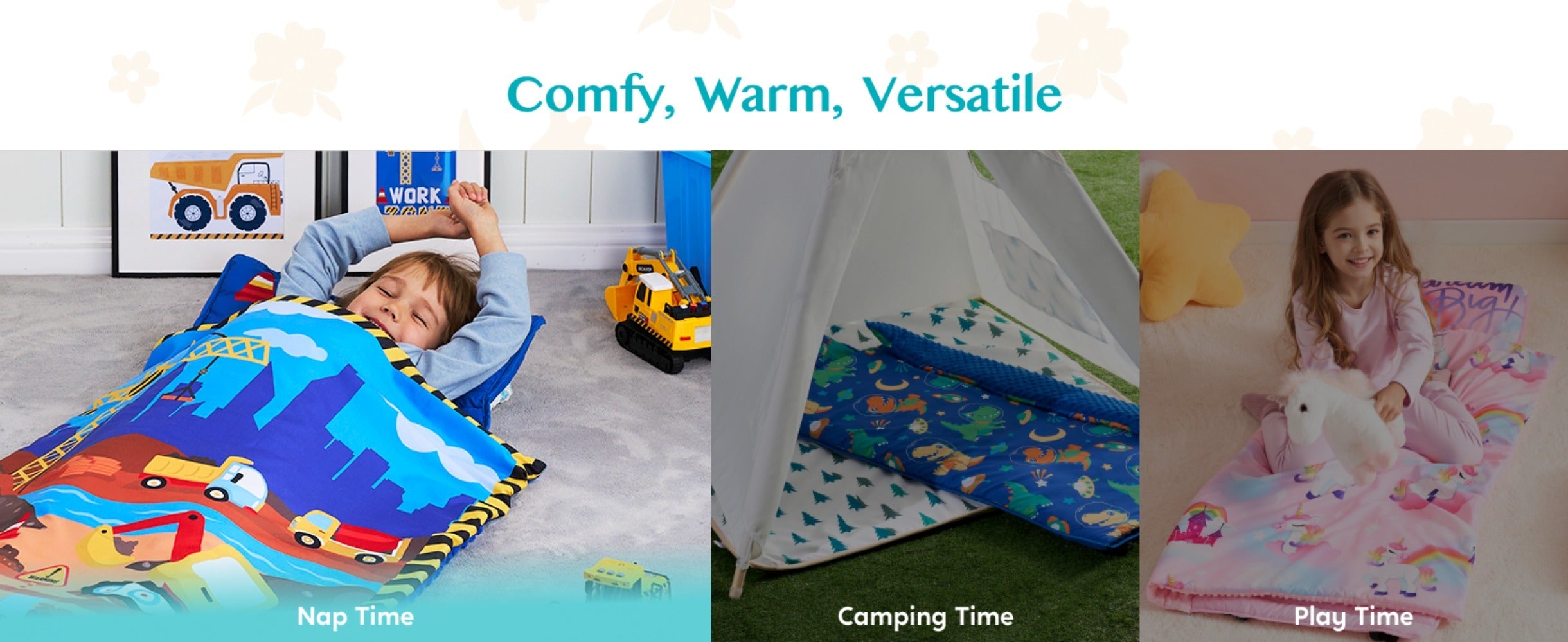 Kids Nap Mat with Removable Pillow & Minky Blanket - Soft Roll-Up Sleeping Bag for Boys Girls, Blue Dinosaur Design, Preschool Kindergarten Daycare Sleepover, Ages 3+, 55''x30''