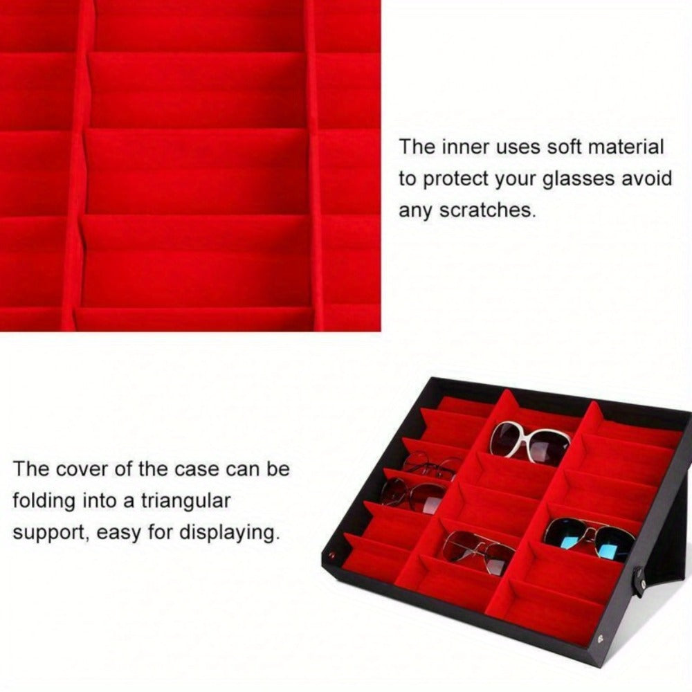Eyeglass Organizer Box 18 Grid - Velvet Sunglasses Display Case with Foldable Cover, Scratch-Proof Storage for Glasses & Jewelry, Black or White
