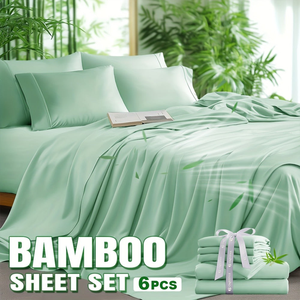 Bamboo Blend Bed Sheet Set 6pcs ¨C Flat Sheet, Fitted Sheet & 4 Pillowcases, Ultra Soft Lyocell Viscose Breathable Bedding for Hot Sleepers, Deep Pocket Twin Full Queen King, 11 Colors