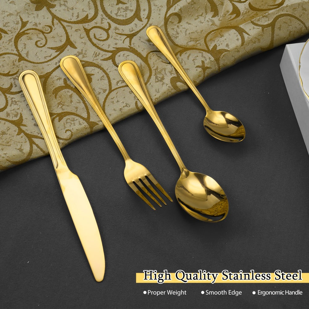 84-Piece Golden Cutlery Set Service for 12 | Knife Fork Spoon Set for Family Gatherings Camping BBQ Kitchen Utensils