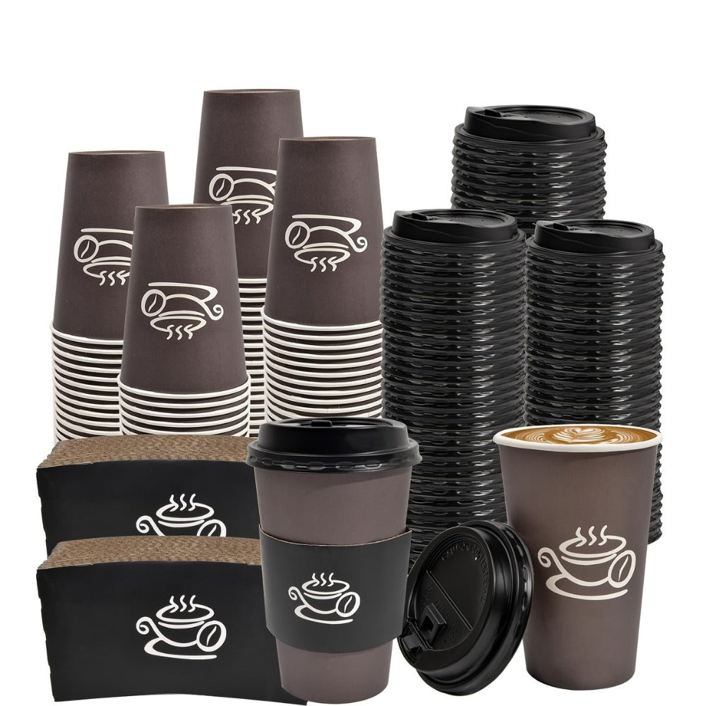 Disposable Paper Coffee Cups 50 Pack 16oz with Lids Sleeves Stirrers Hot Cold Beverage Cup for Coffee Tea Juice Home Office Cafe