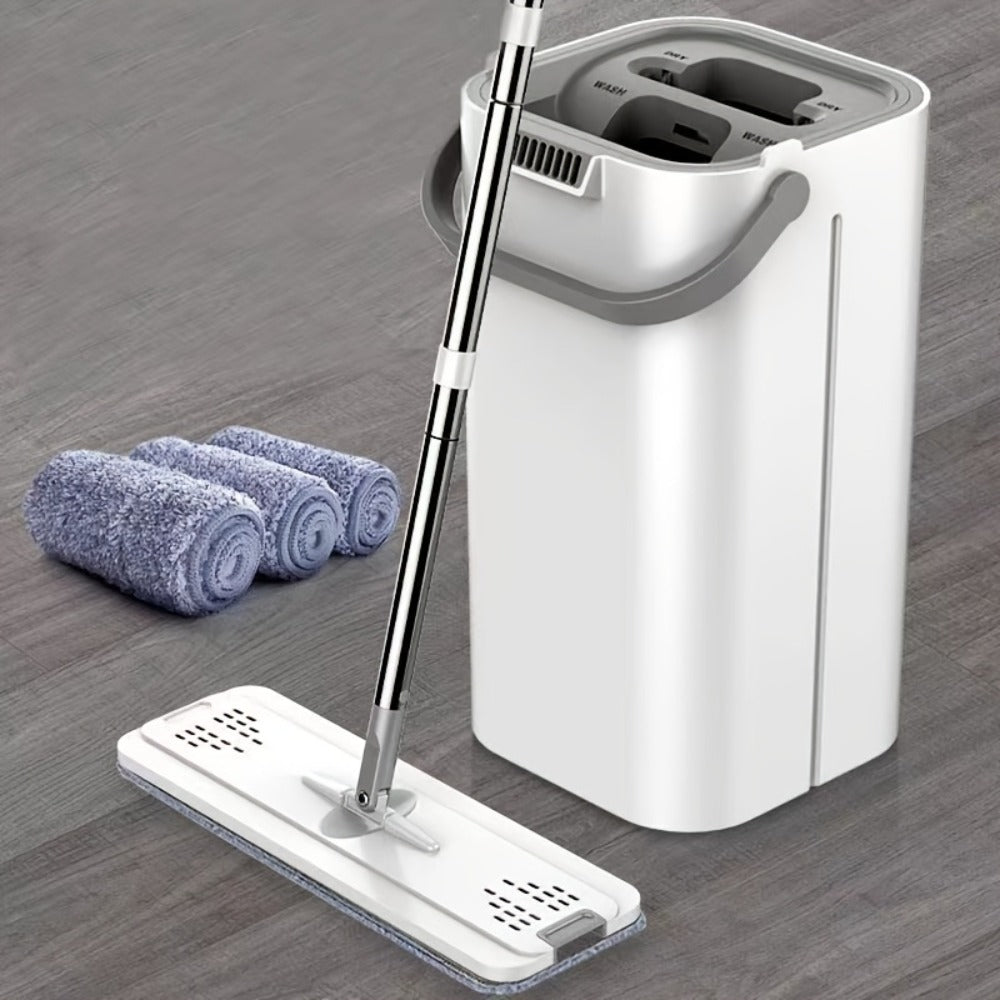 Flat Mop with Bucket Set, Hands-Free Wringing Floor Mop, 6 Replacement Microfiber Cloths, Wet & Dry Dual-Use, Durable Plastic Frame, for Hardwood Tile Laminate Bedroom Kitchen Living Room Bathroom