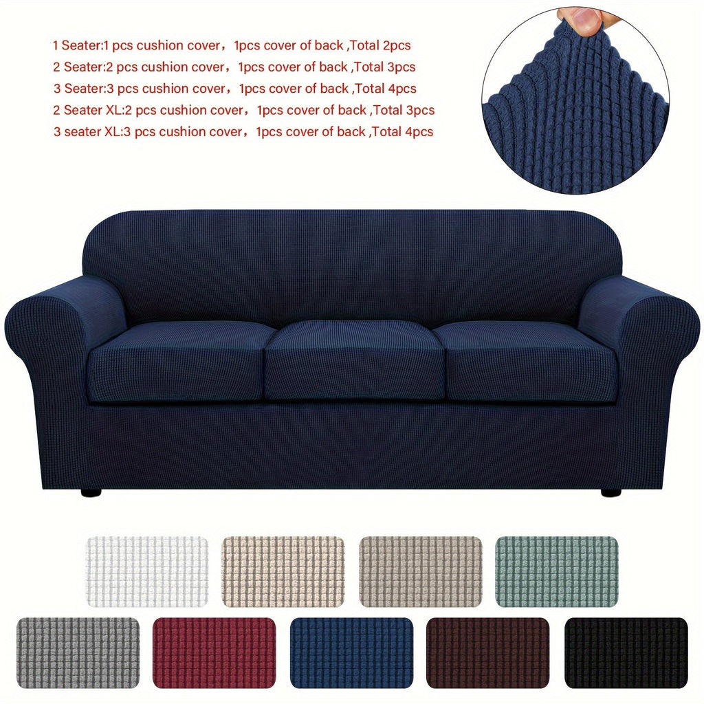 Stretch Sofa Cover Elastic Slipcover Grid Pattern Jacquard Anti-Slip Full Coverage Sofa Protector Machine Washable for 1 2 3 Seater XL Sofa Living Room Bedroom