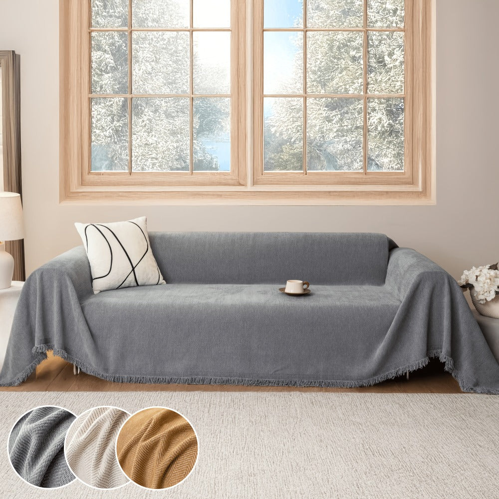 Couch Cover Throw Chenille Fringe Extra Large - Pet Friendly Scratch Proof Non-Slip Washable Polyester Sofa Protector | 3 Seat 71x102in 4 Seat 71x134in | Beige Gray Brown | Living Room Multipurpose