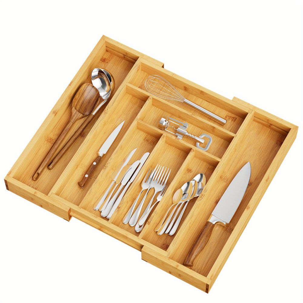 Bamboo Expandable Drawer Organizer Adjustable Cutlery Tray with 6-8 Compartments Wooden Drawer Divider for Kitchen Silverware Utensils Bedroom Office Living Room