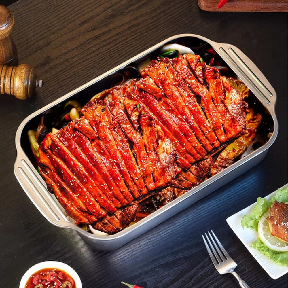 Stainless Steel Deep Baking Tray with Lid 4-Piece Set, 1.59 Gallon Rectangular Roasting Pan with Handle Lids, 16-Inch Dishwasher Safe Deep Tray for Fish BBQ Spaghetti, 2 Trays + 2 Lids