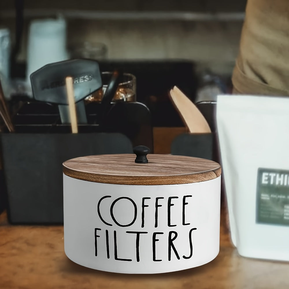 Wooden Coffee Filter Holder with Lid | Rustic Farmhouse Coffee Filter Storage Container | Solid Wood Coffee Bar Organizer for Countertop | Vintage Style Decorative Coffee Accessory Box Black & White