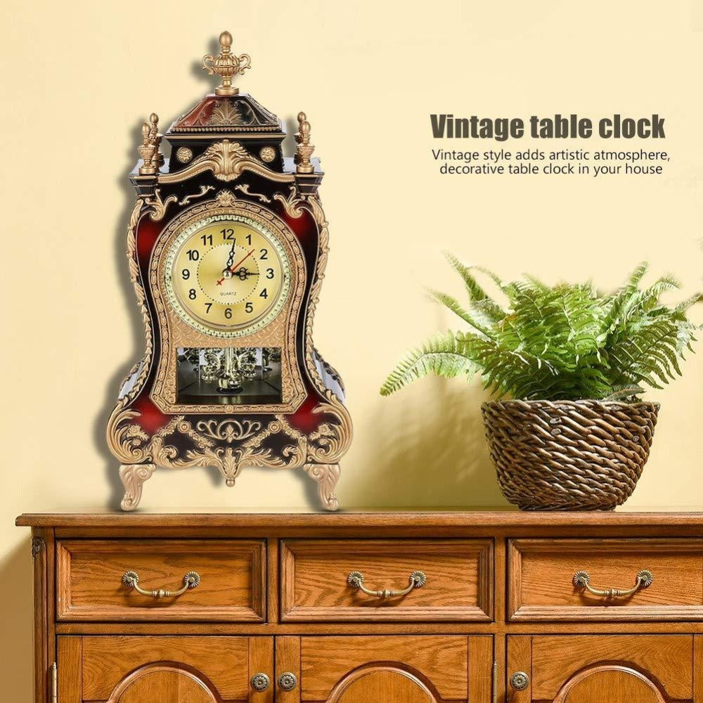 Vintage Desktop Alarm Clock with 12 Melodies European Style Decorative Table Clock for Living Room Bedroom Study Office Retro Burgundy Tabletop Clock 14 Inch