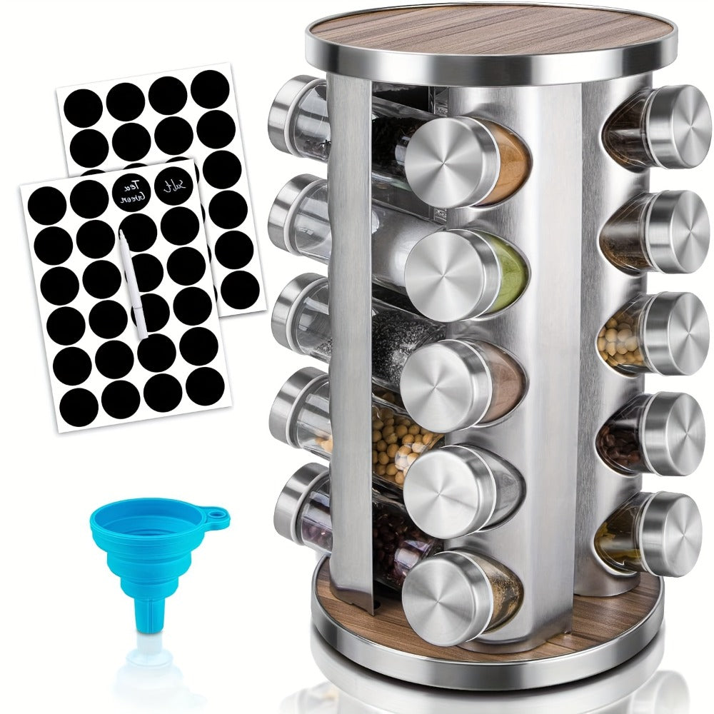 Rotating Spice Rack with 20 Glass Jars 360-Degree Revolving Stainless Steel Spice Tower Organizer for Kitchen Countertop Cabinet with 386 Labels for Herbs Spices Condiments