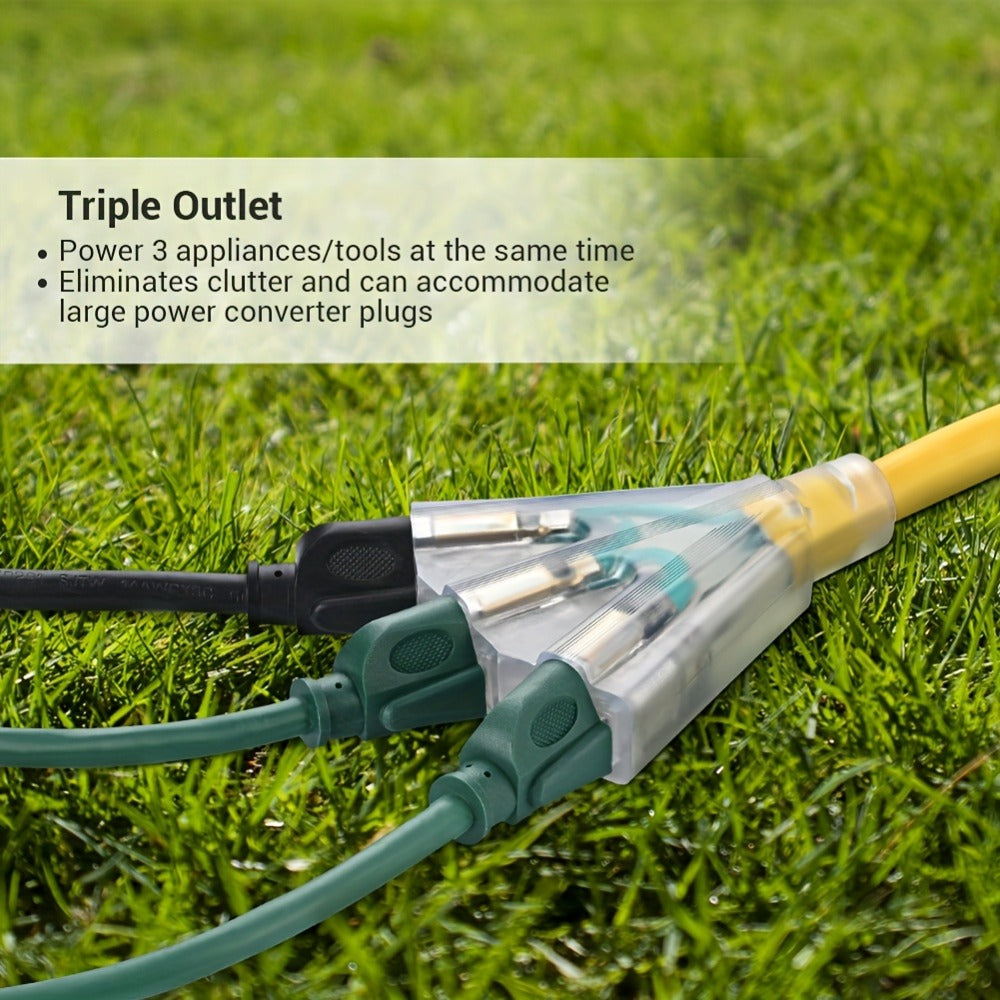 Extension Cord 25FT Heavy Duty Outdoor Indoor 14/3 SJTW Yellow 3-Outlet Tri-Tap Splitter with LED Lighted Plug 15A 1875W Grounded Power Cord for Workshop Garage Job Site Construction