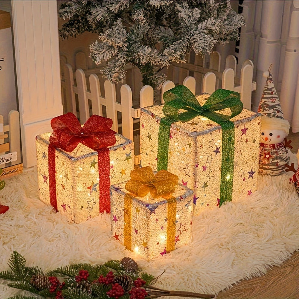 Christmas Gift Box Lamp 3pcs - Transparent Light Box with LED String Lights, Strap & Handle, Holiday Home Decoration, Birthday Party Decor, Manual Assembly