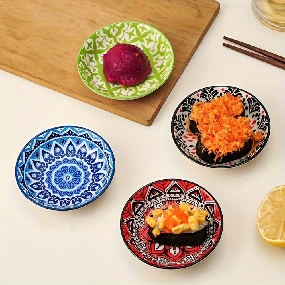 Ceramic Condiment Dish Set of 10 ¨C Bohemian Small Saucer Dipping Bowls for Soy Sauce, Vinegar & Spices | Kitchen, Restaurant, Party, BBQ & Picnic Use | Machine Washable