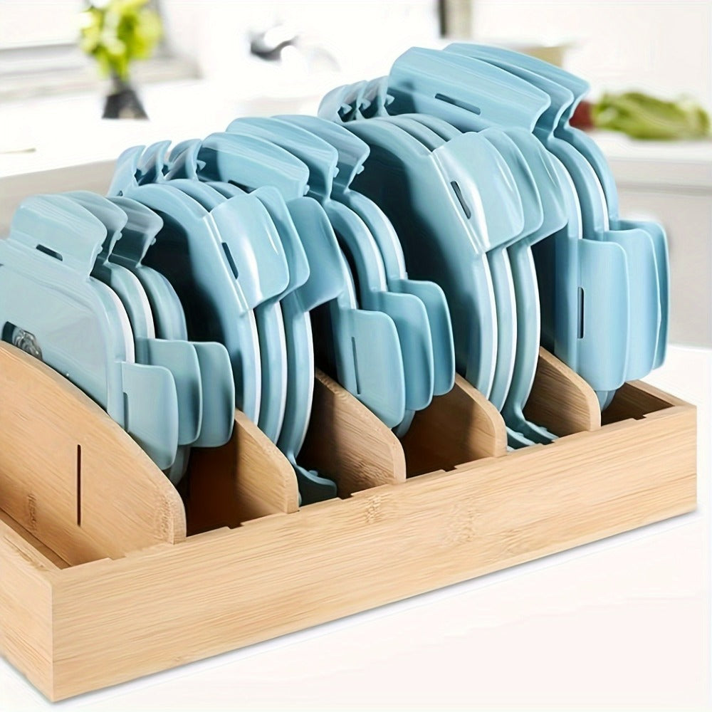 Bamboo Lid Organizer for Kitchen Cabinet with 5 Adjustable Dividers - Tupperware Lid Holder for Food Container Lids, Pot Lids Storage Rack with Writable Labels, 13¡± Wide