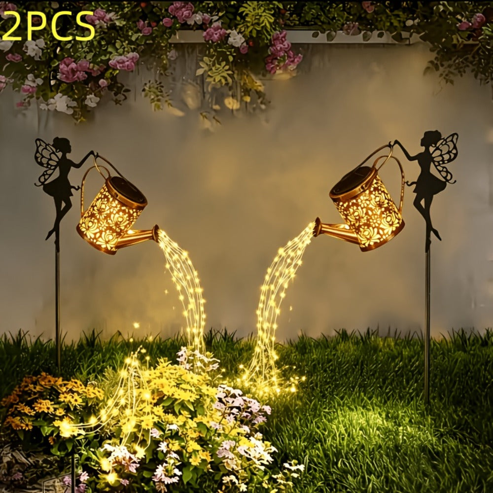 Solar Watering Can Lights 2pcs Garden Waterfall, IP65 Waterproof Hanging Solar String Lights with Ground Plug for Outdoor Lawn, Patio & Holiday Decor, Christmas Garden Gift