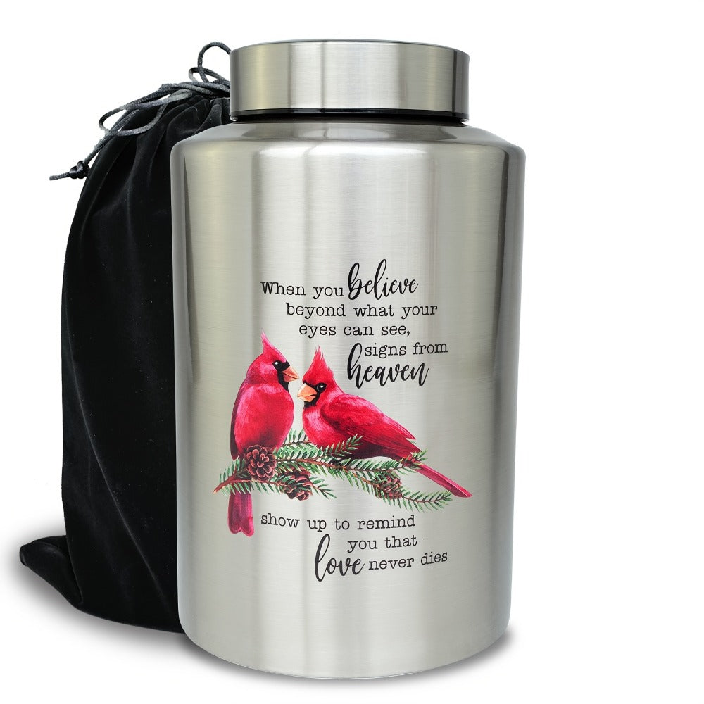 Cremation Urns for Human Ashes Large ¨C Stainless Steel Memorial Urn Holds 220 lbs, Decorative Butterfly Cardinal Fairy Design, Screw Lid & Seal Ring, Velvet Pouch Included, Adult Funeral Keepsake Urn