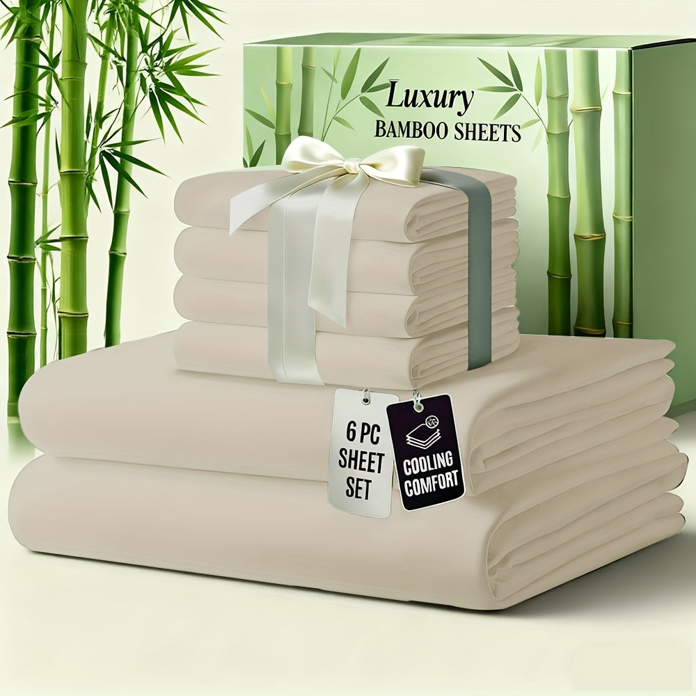 Bamboo Bed Sheet Set 6-Piece Cooling Soft Bedding with Deep Pocket Fitted Sheet - Viscose Derived from Bamboo Sheets Twin Full Queen King Size Breathable Wrinkle-Resistant Luxury Bedding Set