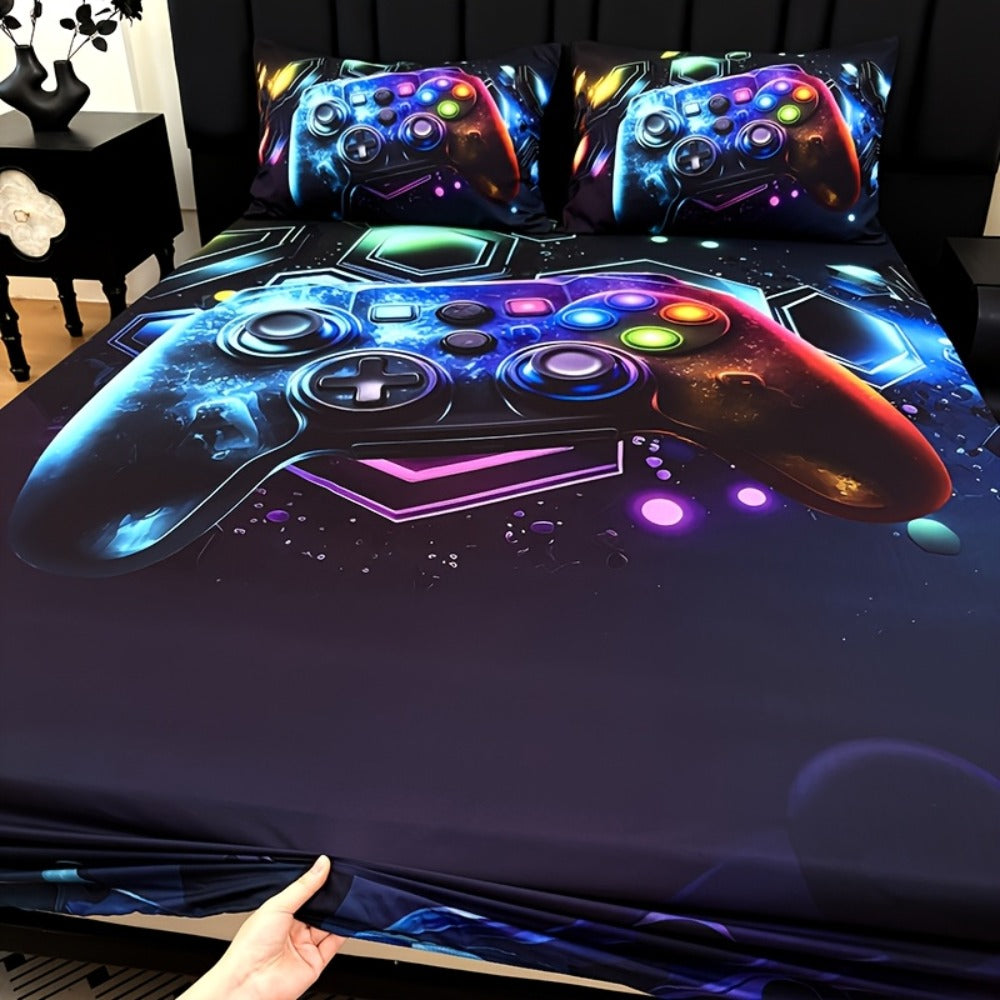 Gaming Bed Sheet Set 3pcs Fitted Sheet + 2 Pillowcases Gamepad Bedding Deep Pocket Machine Washable Boys Girls Dorm Room Decor Gift for Gamers (No Filling)
