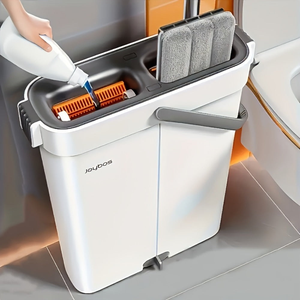 Flat Mop and Bucket System with Washable Reusable Microfiber Pads Dual Bucket Wringer Wet Dry Floor Mop for Hardwood Tile Marble Wall Cleaning Stainless Steel Handle 12.99in or 15.74in Mop Head