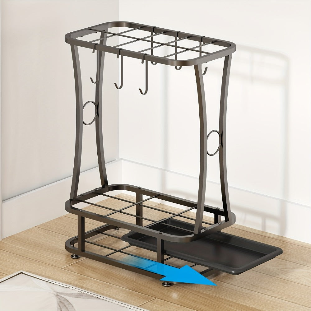 Metal Umbrella Stand with Drip Tray ¨C 4-Tier Freestanding Umbrella Holder, Sleek Polished Finish, Space-Saving Entryway Storage for Home Office & Commercial Use, Black
