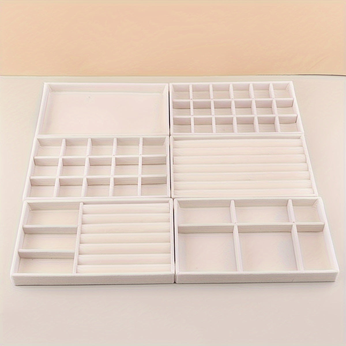 Stackable Jewelry Organizer Trays 6-Piece Set ¨C Rectangular Multi-Compartment Drawer Inserts with Removable Dividers for Earrings, Rings, Necklaces & Bracelets ¨C Tabletop Jewelry Display Case Storage
