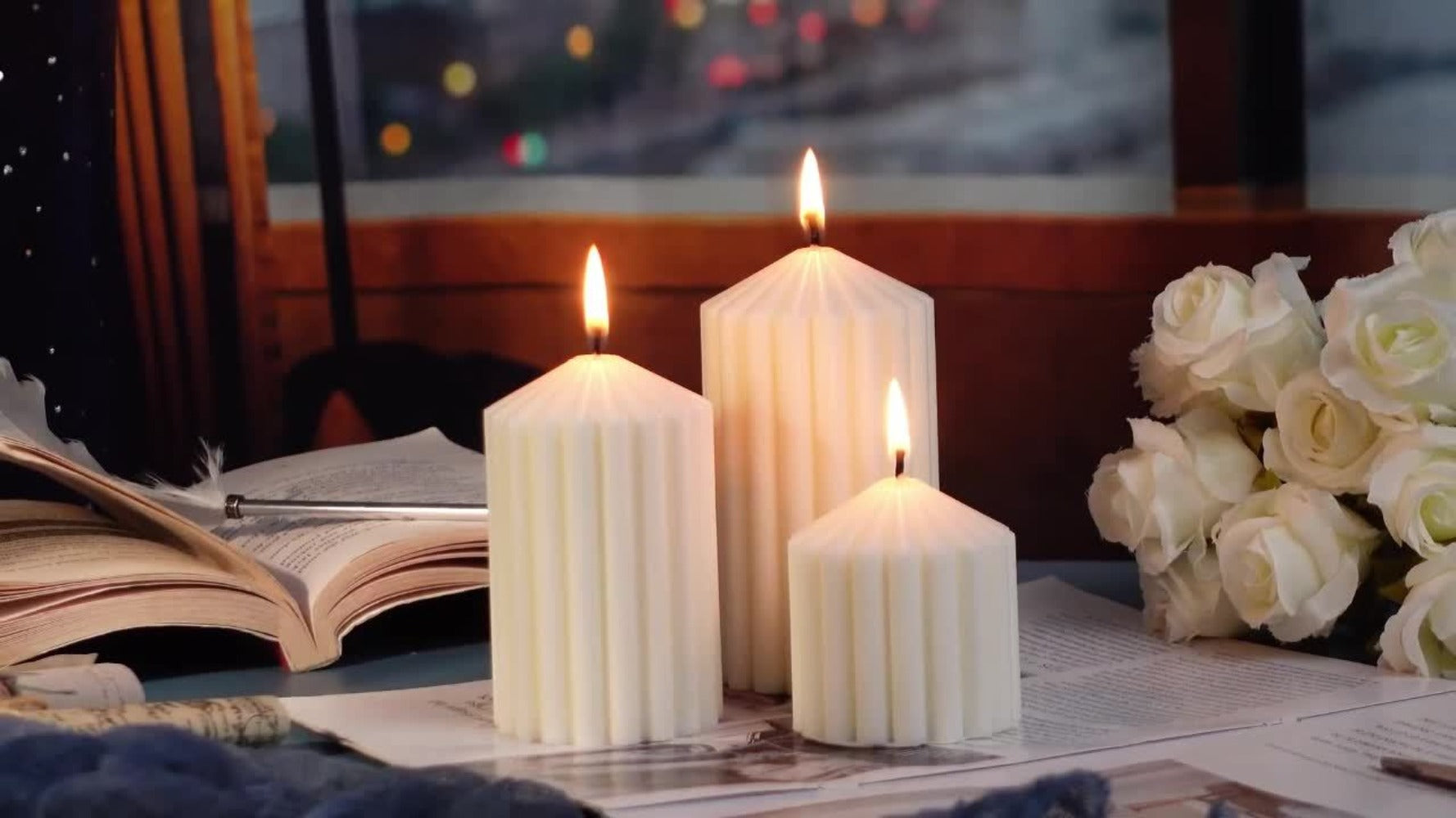 Ribbed Soy Wax Pillar Candles 2-Pack White - 20 Hour Burn Cylindrical Candles for Home Decor, Wedding, Christmas, Valentine's Day & Birthday