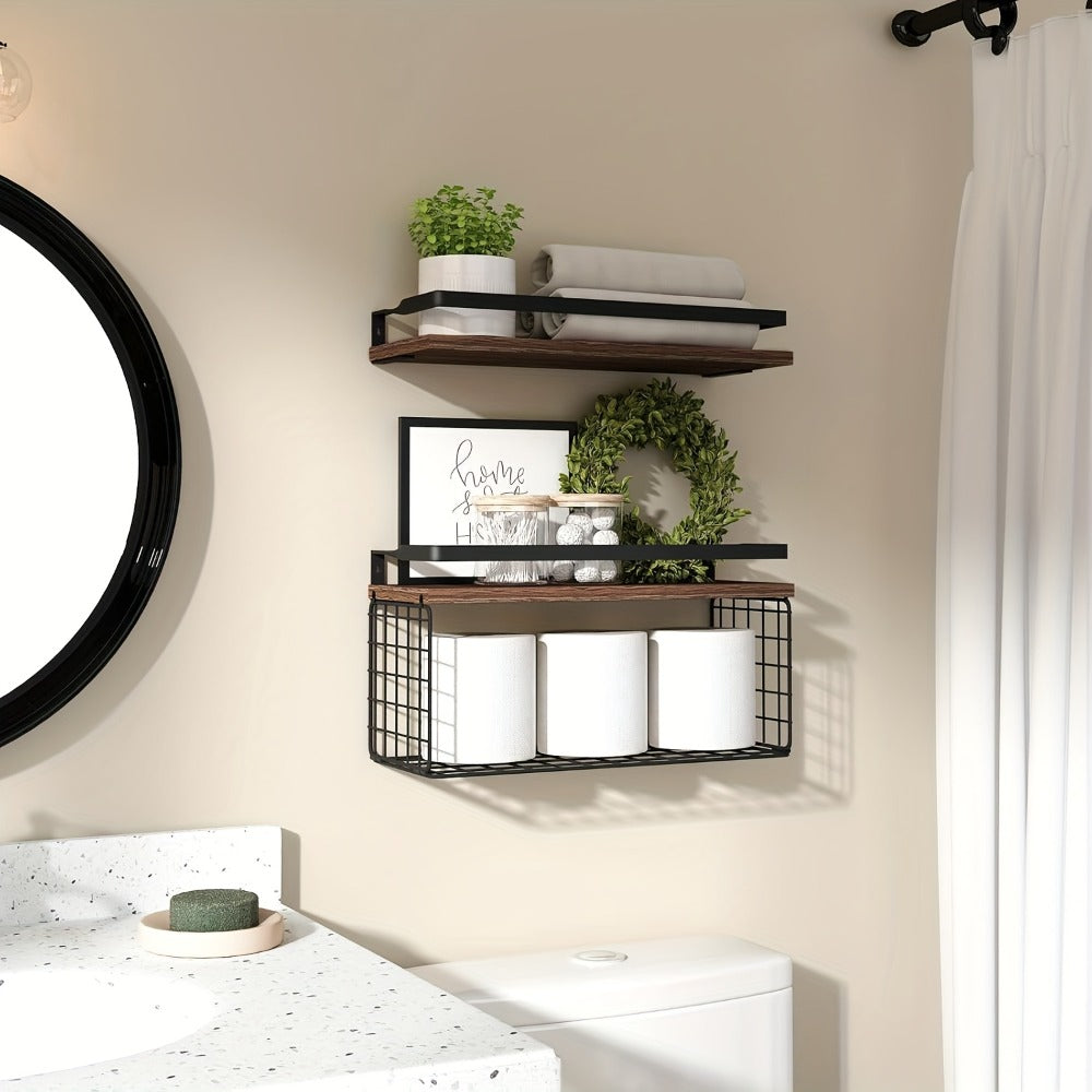 Floating Wall Shelves Set of 2 or 4 Rustic Wood and Iron Wall Mounted Shelf for Living Room Bedroom Kitchen Bathroom, Farmhouse Industrial Hanging Display Shelf for Plants Books Candles Decor