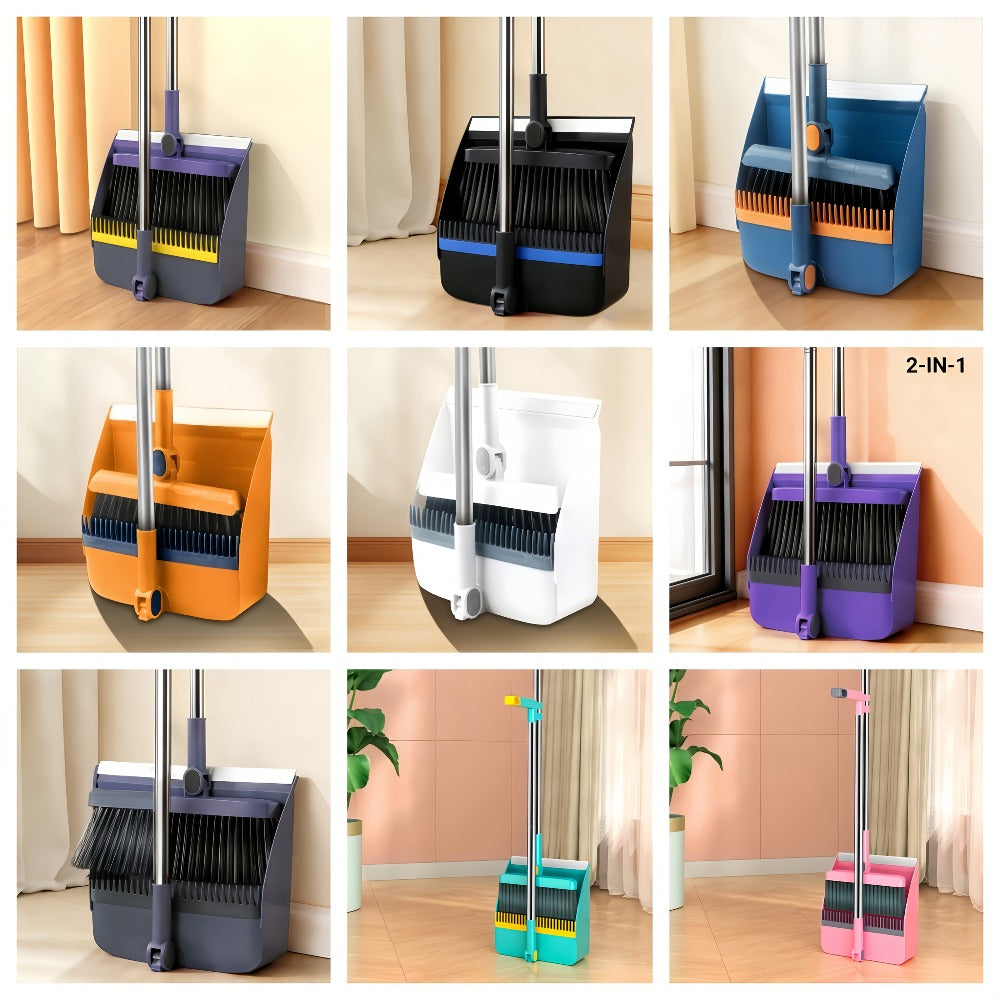 Broom and Dustpan Set with Long Handle - 2-in-1 Upright Sweeping Broom with Comb Teeth, Pet Hair Removal Floor Cleaning Tool for Home Office School Dorm Outdoor - Blue Orange White Purple Green
