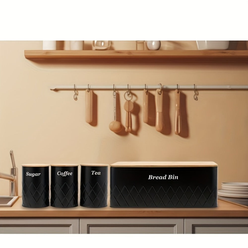 Bread Bin with 3-Piece Canister Set for Tea Sugar Coffee - Flip-Top Lid Kitchen Storage Containers Countertop Organizer Set