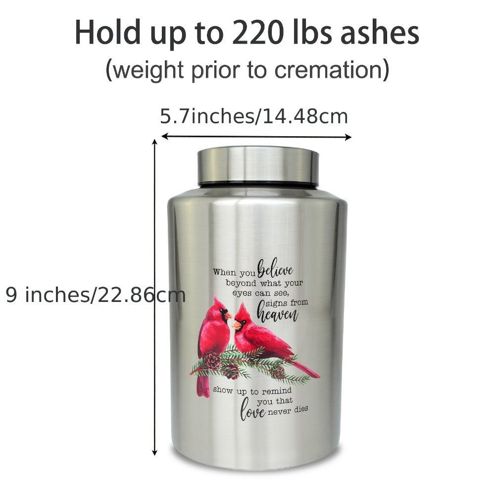 Cremation Urns for Human Ashes Large ¨C Stainless Steel Memorial Urn Holds 220 lbs, Decorative Butterfly Cardinal Fairy Design, Screw Lid & Seal Ring, Velvet Pouch Included, Adult Funeral Keepsake Urn