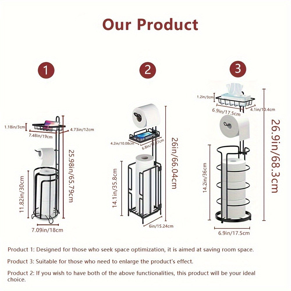 Freestanding Toilet Paper Holder Stainless Steel Stand with 3 Extra Roll Storage Modern Bathroom Organizer