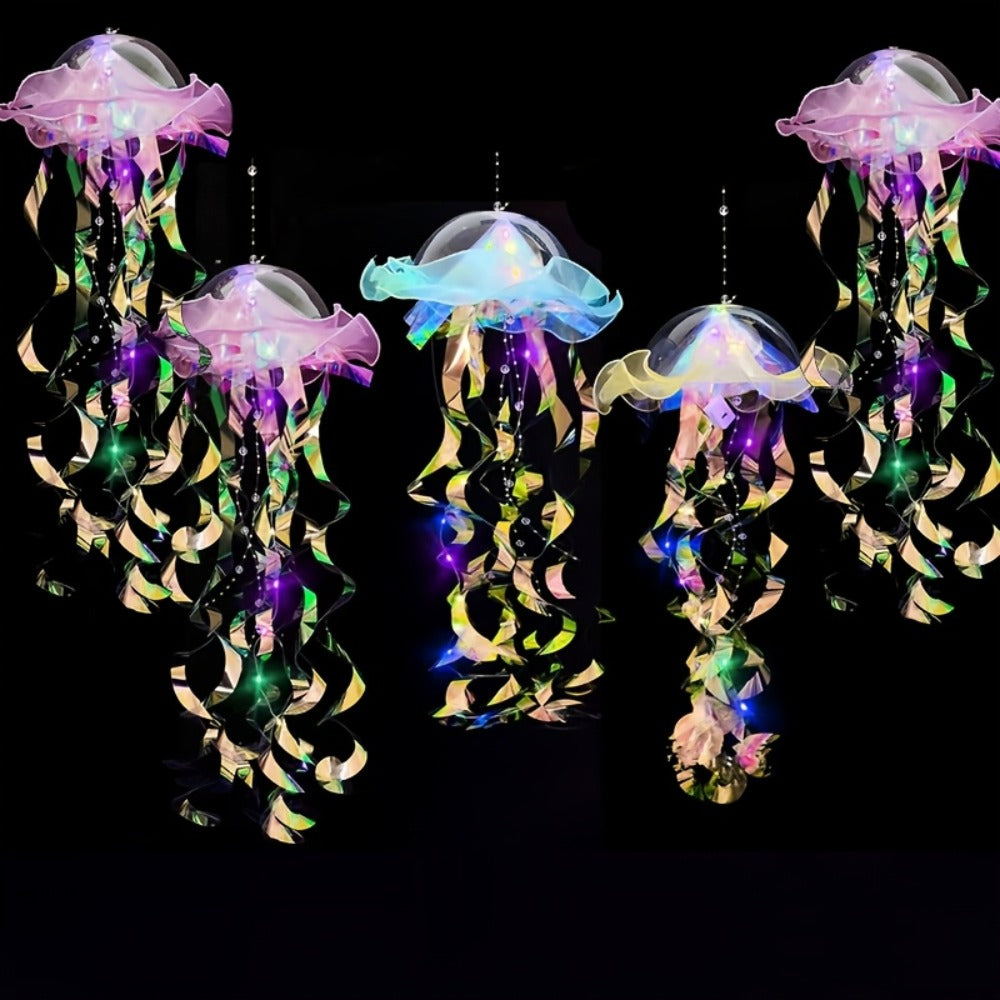 Jellyfish Lantern Party Decorations 5 Pack ¨C Colorful Translucent Ribbon Hanging Lights for Halloween Christmas Wedding Birthday, Indoor Outdoor Festive Event Decor (Crystal Ribbon / Set)