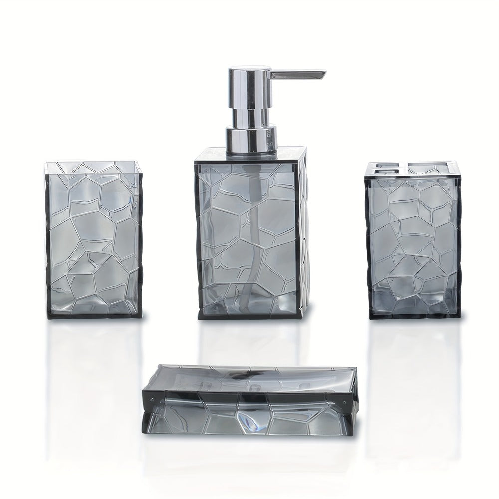 Bathroom Accessories Set 4-Piece Diamond Grid Plastic Organizer Soap Dispenser Toothbrush Holder Grey Blue Green