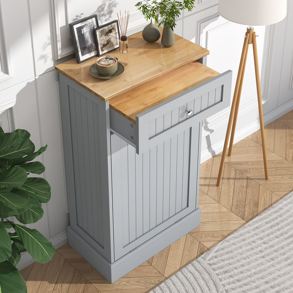 Tilt Out Trash Cabinet Freestanding Kitchen Garbage Cabinet with Cutting Board & Drawer ¨C Wood Hideaway Recycling Station, Fits 10 Gal, Black/White