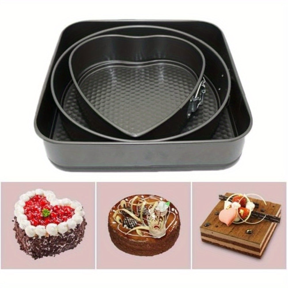 Cake Pan Set 6-Piece with Removable Bottom, Carbon Steel Nonstick Baking Molds in 3 Shapes Square Round Heart, Heavy Duty Springform Cake Pans for Chiffon Mousse Cheesecake Birthday Wedding