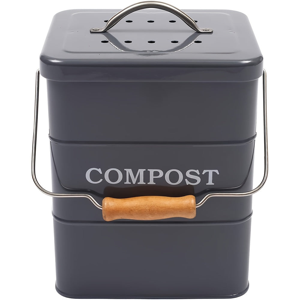 Kitchen Compost Bin 1 Gallon with Charcoal Filter & Wooden Handle, Odor-Free Indoor Countertop Food Waste Bin, Metal Compost Bucket for Home Kitchen, Available in Black, White, Gray, Green