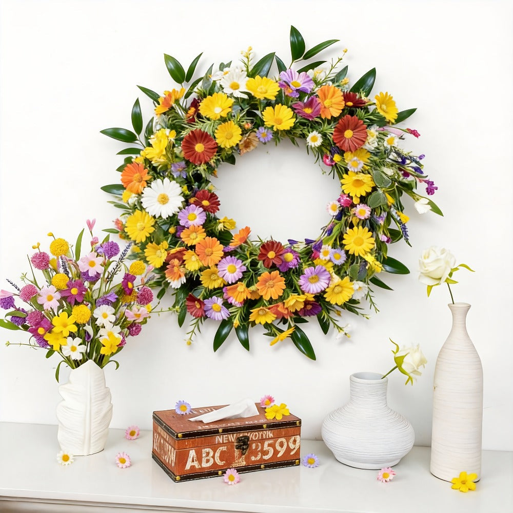 20 Inch Spring Wreath for Front Door Artificial Daisy Lavender Wildflower Farmhouse Wreath for Home Wall Easter Holiday Decor