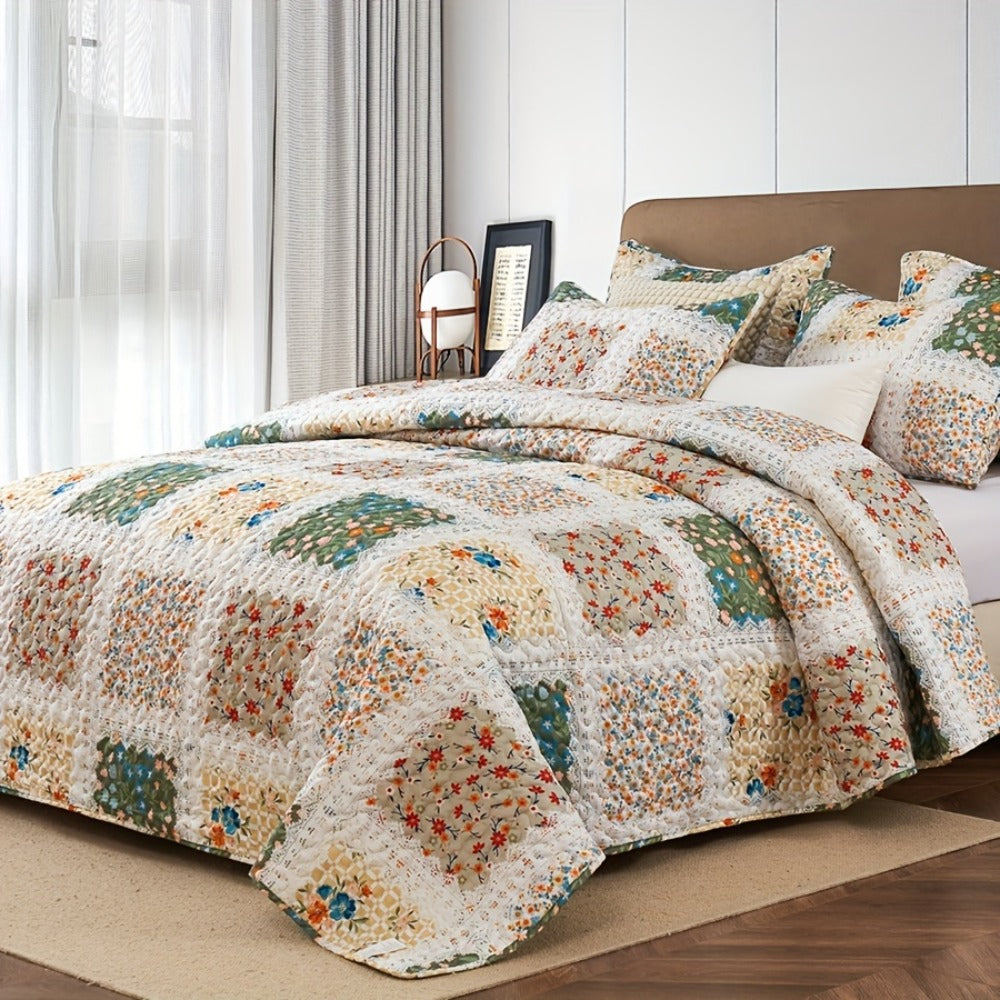 Quilt Set 2 3 Piece Lightweight Floral Patchwork Coverlet Bedding Set with Pillow Shams, Boho Quilted Bedspread for Twin Full Queen King, All Season Soft Cozy Bed Cover Green Blue Pink Grey