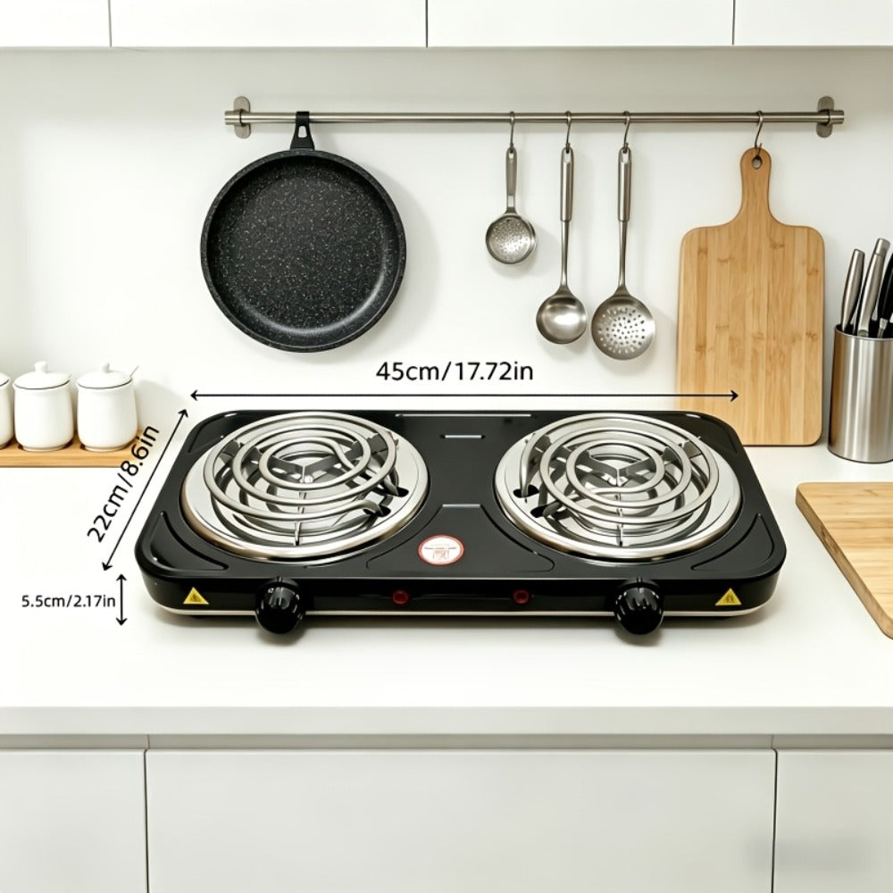 Portable Electric Stove Tabletop Double Burner ¨C Adjustable Rotary Temperature Control, Compact Electric Charcoal Heater for Home, Office, Dorm, Camping, Milk & Coffee Heating, Black
