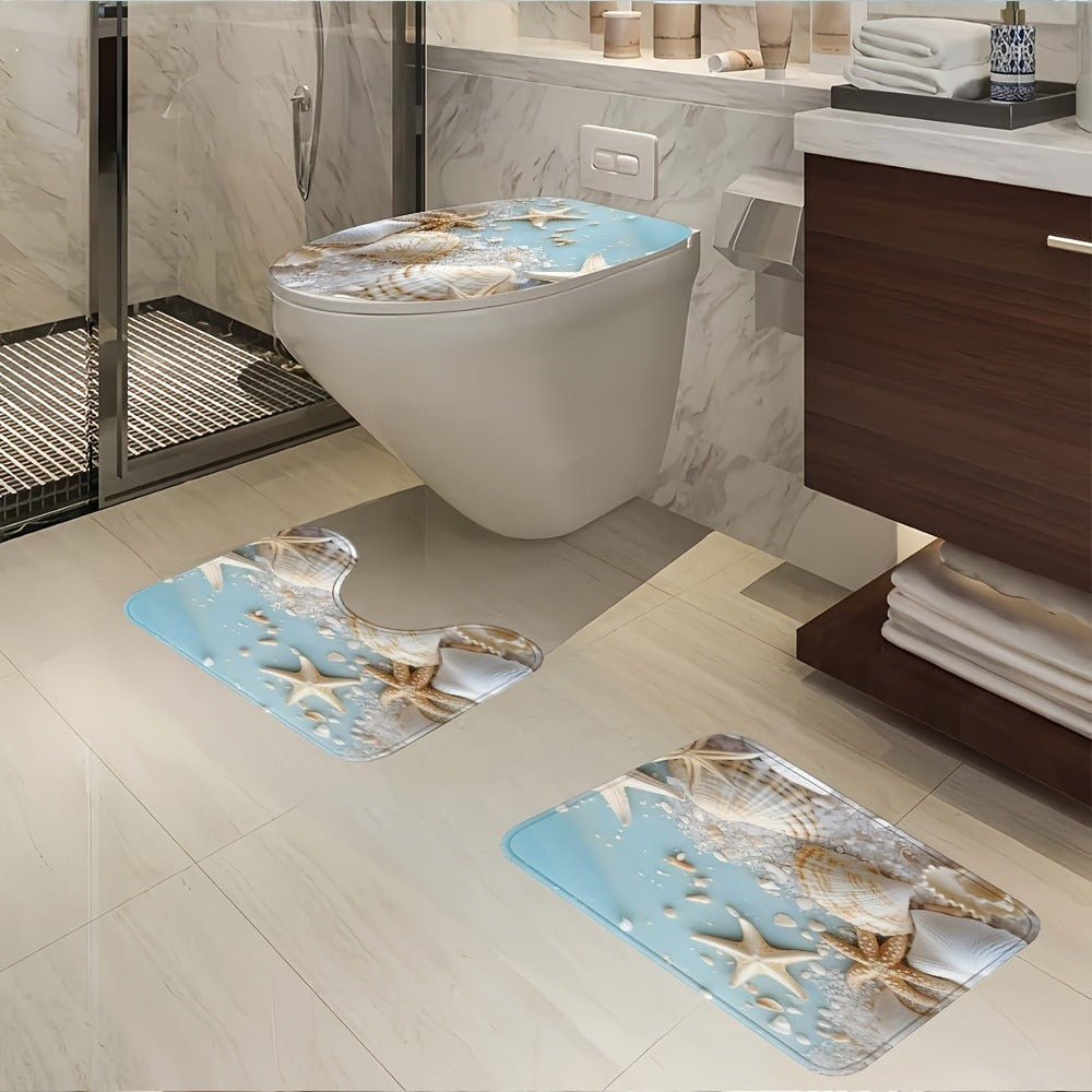 Shower Curtain Set Sea Star Shell Design Polyester with 12 Hooks Non-Slip Bath Mat U-Shaped Toilet Pad Lid Cover Bathroom Decor Set