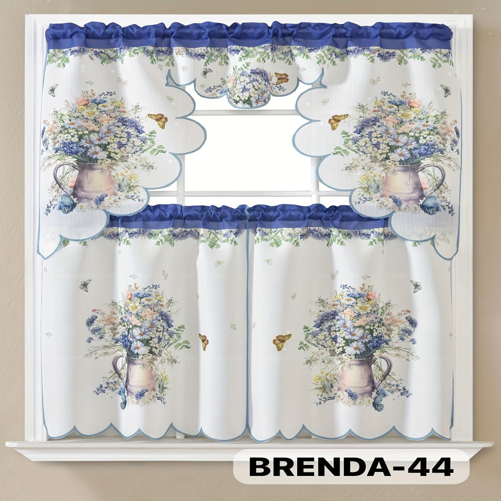 Kitchen Curtains 3 Piece Set Embroidered Satin Valance and Tiers - Rod Pocket Light Filtering Machine Washable 46 Colors Available All Season Home Decor