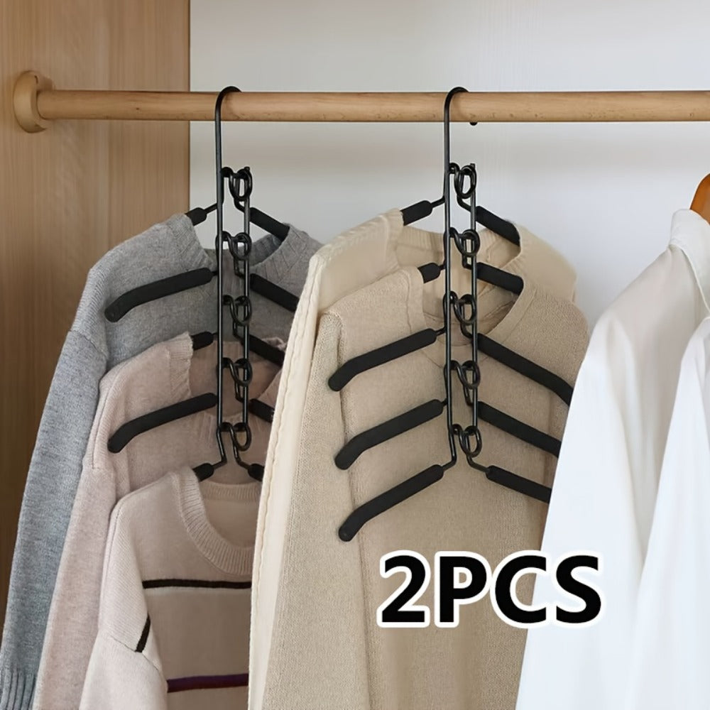 Space Saving Hangers 5-in-1 Multi-Layer Metal Closet Organizer | Heavy Duty Non-Slip Foam Pads | 2 Pack Clothes Hanger for Coats Sweaters Suits T-Shirts Closet Space Saver