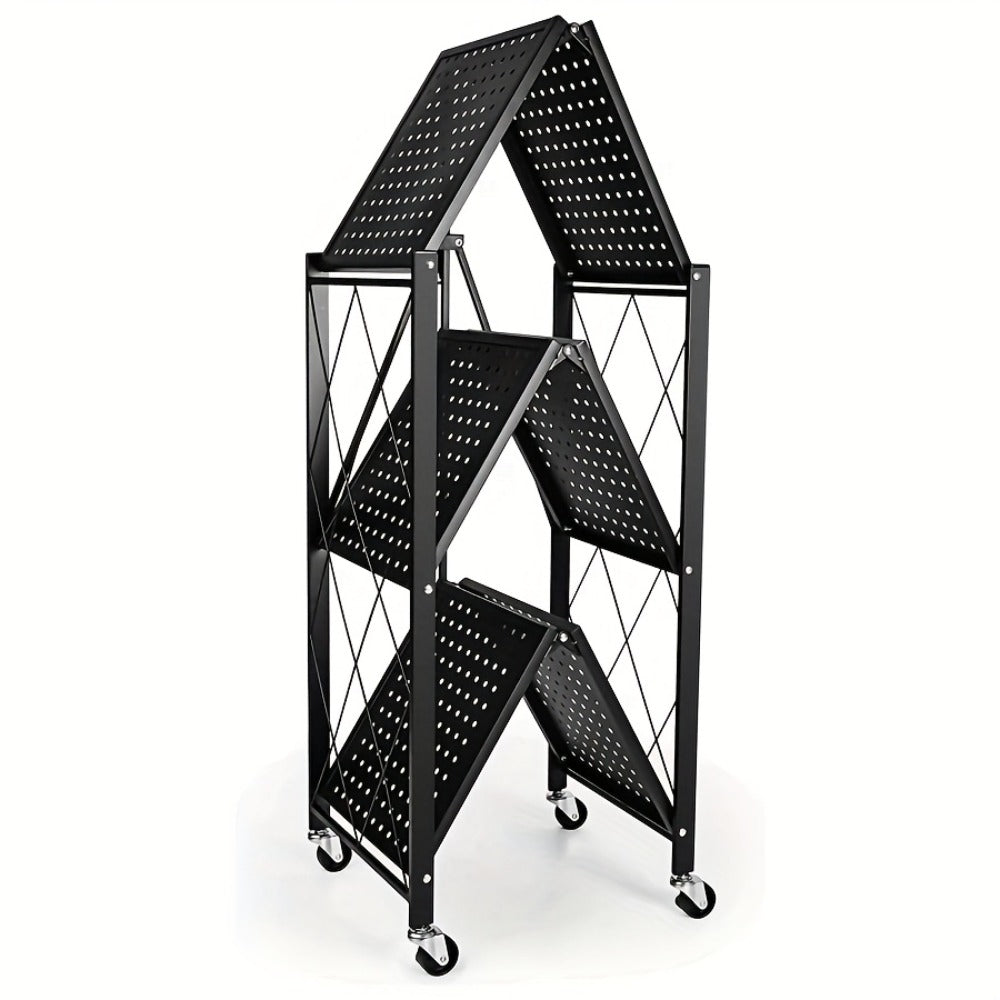 Heavy Duty Storage Rack with Wheels 3-Layer Foldable Metal Shelving Unit 750 LBS Capacity, Rolling Utility Cart for Garage Kitchen Pantry Closet, Movable Black Metal Storage Shelf