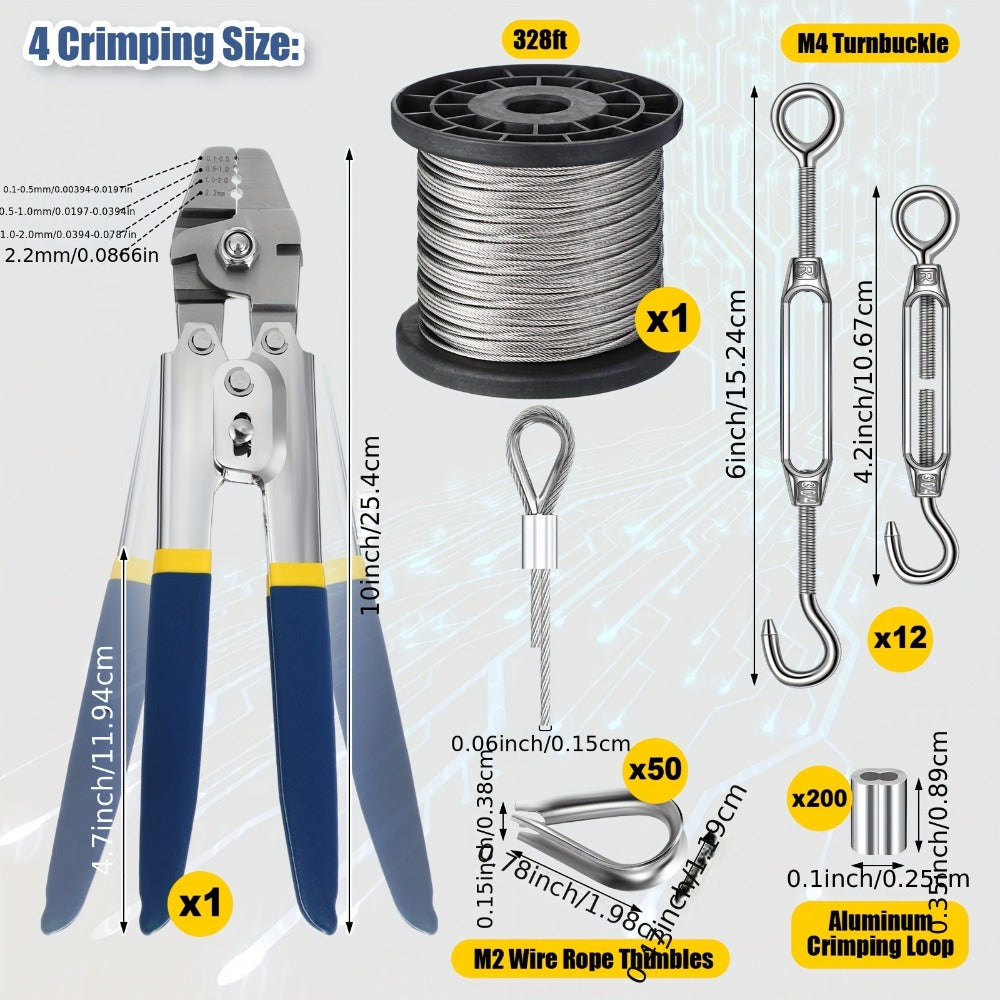 264Pcs Wire Rope Crimping Tool Kit 328ft ¨C Stainless Steel Hook Eye Turnbuckle Thimble Aluminum Crimping Sleeve for Outdoor Garden Railing String Light Hanging