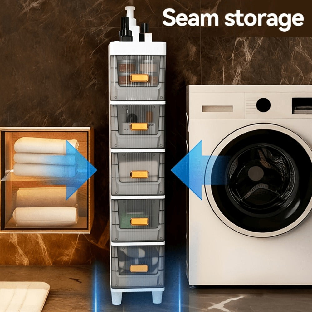 Slim Storage Cabinet with Drawers & Wheels - Waterproof PP Bathroom Kitchen Organizer, 3-5 Layer Tower Unit for Small Spaces