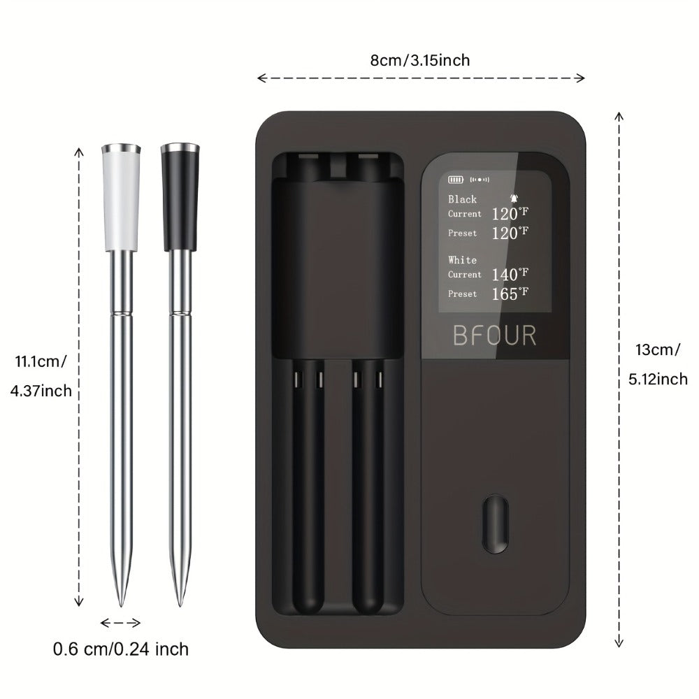 Wireless Meat Thermometer with Dual Probes USB Rechargeable | 2-Probe Digital BBQ Thermometer for Smoker Oven Grill Kitchen | 304 Stainless Steel Food Safe | iOS & Android App Compatible